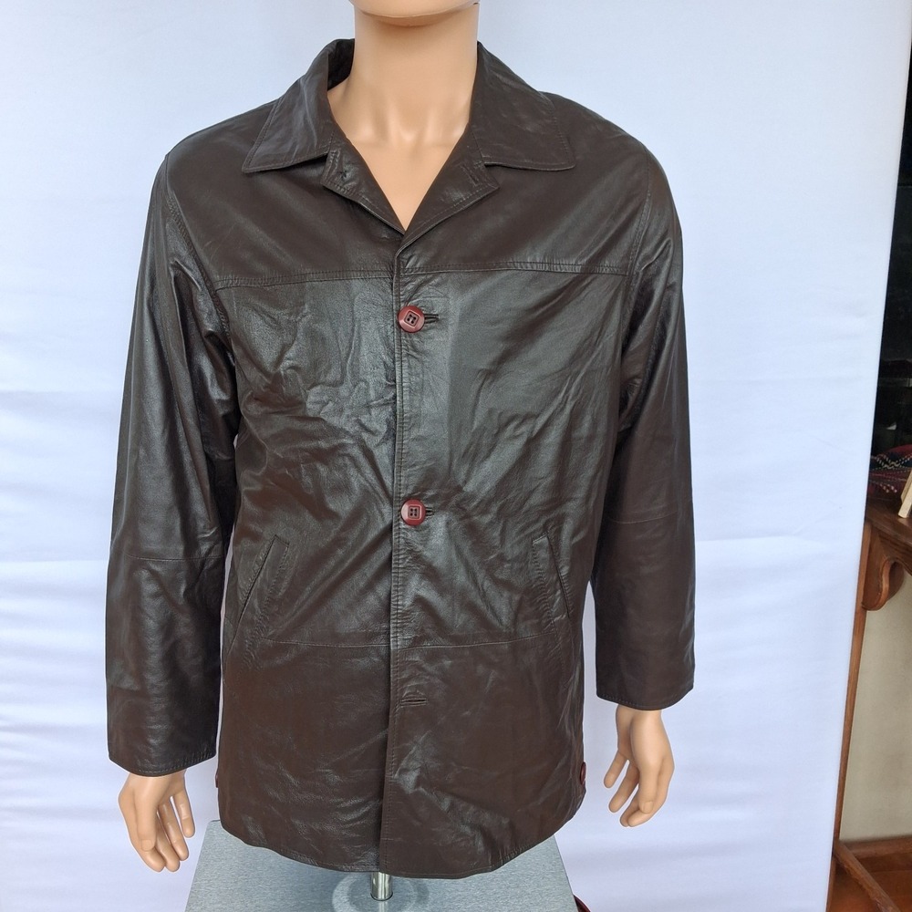 Men's Leather Jacket Limeks  Black Casual Button Closure Mid-Length Size 42